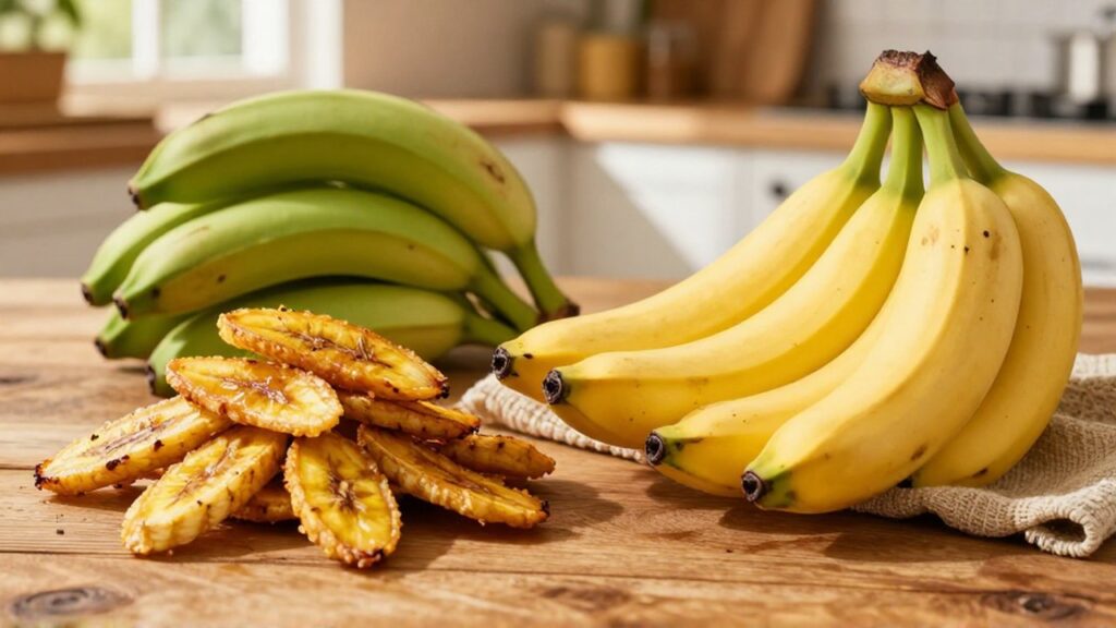 Crispy fried sweet plantain slices sit beside soft caramelized ripe bananas on a wooden table.