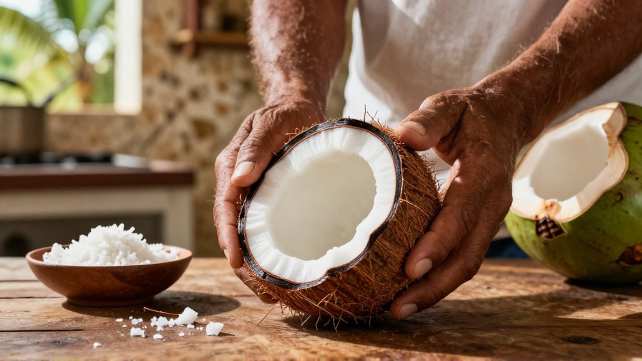 Weathered hands crack open a mature brown coconut on a wooden table in a sunlit kitchen.