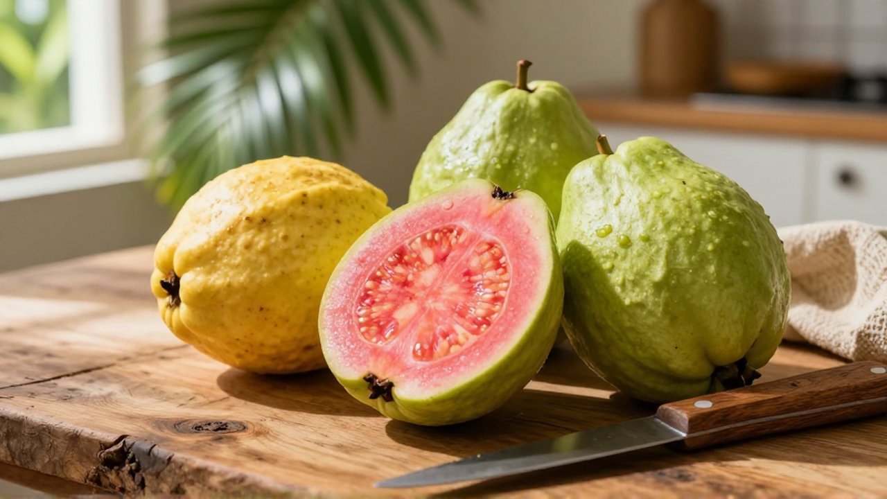 Various whole and sliced tropical guavas arranged on a rustic wooden tabletop in sunlight.