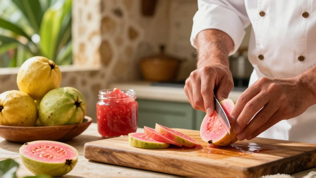 A chef slices a ripe pink guava on a wooden board in a sunlit tropical kitchen.