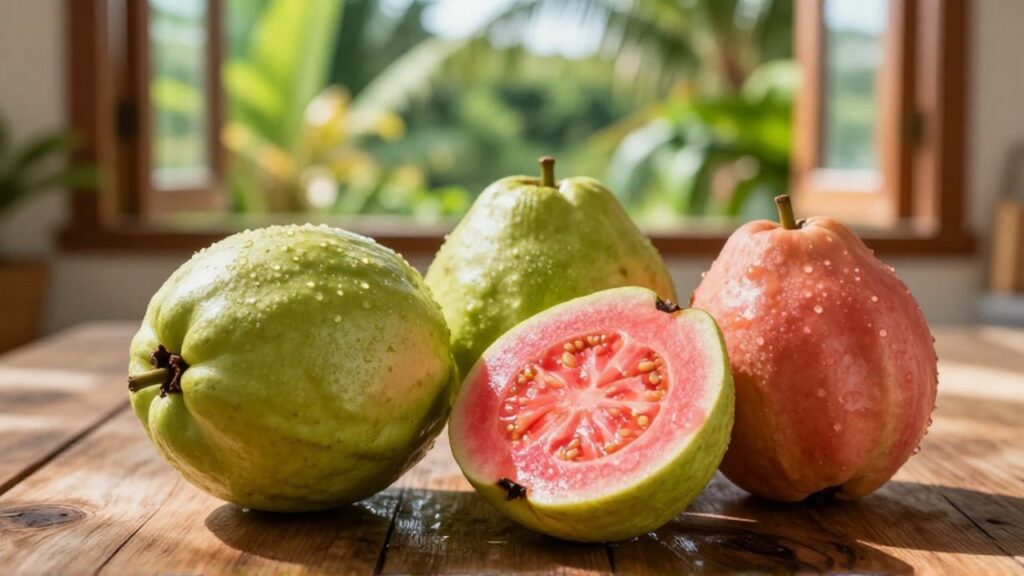 Sliced and whole Caribbean guavas rest on a wooden table in a sunlit tropical kitchen.