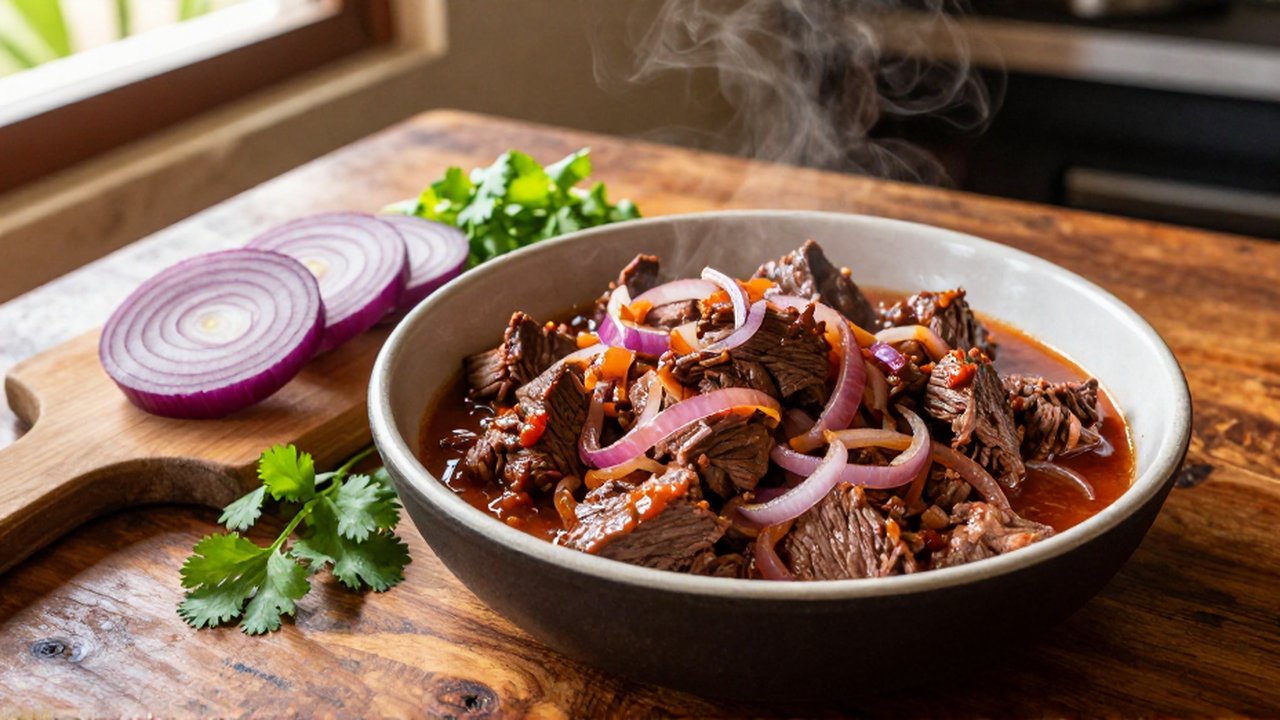 Slow-cooked beef chunks smothered in red onion sauce sit on a rustic wooden table.