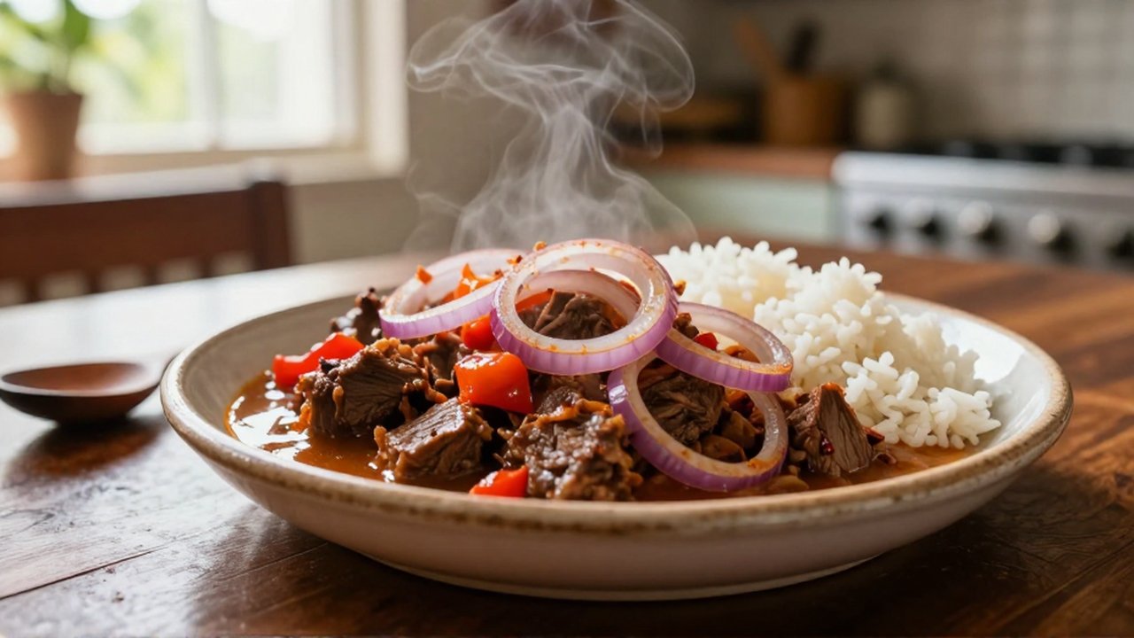 Steaming beef stew topped with sautéed red onions and bell peppers served beside white rice.