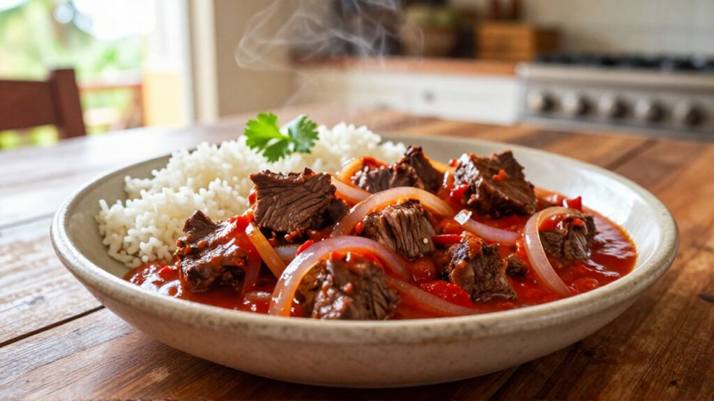 Sautéed beef in a tomato and onion sauce served with white rice in a rustic bowl.