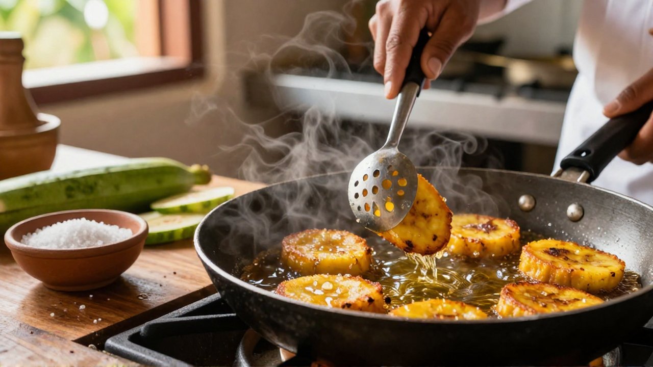 A chef lifts crispy, golden tostones from bubbling oil with a slotted metal spoon.
