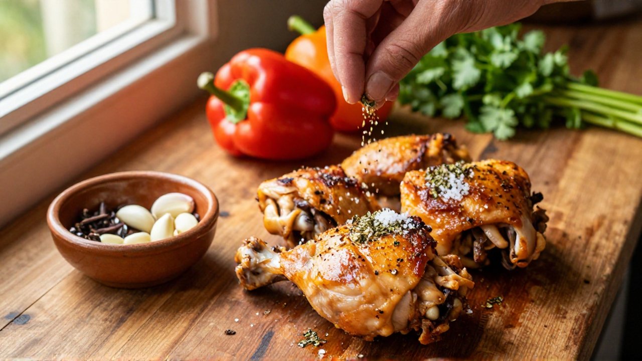 A hand sprinkles salt and oregano over golden-brown chicken thighs on a rustic wooden counter.