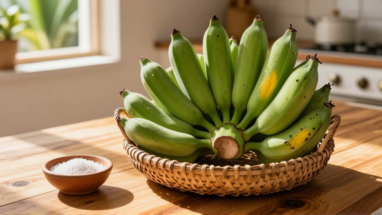 Vibrant green and lightly speckled plantains are placed in a woven basket on a sunny wooden counter.