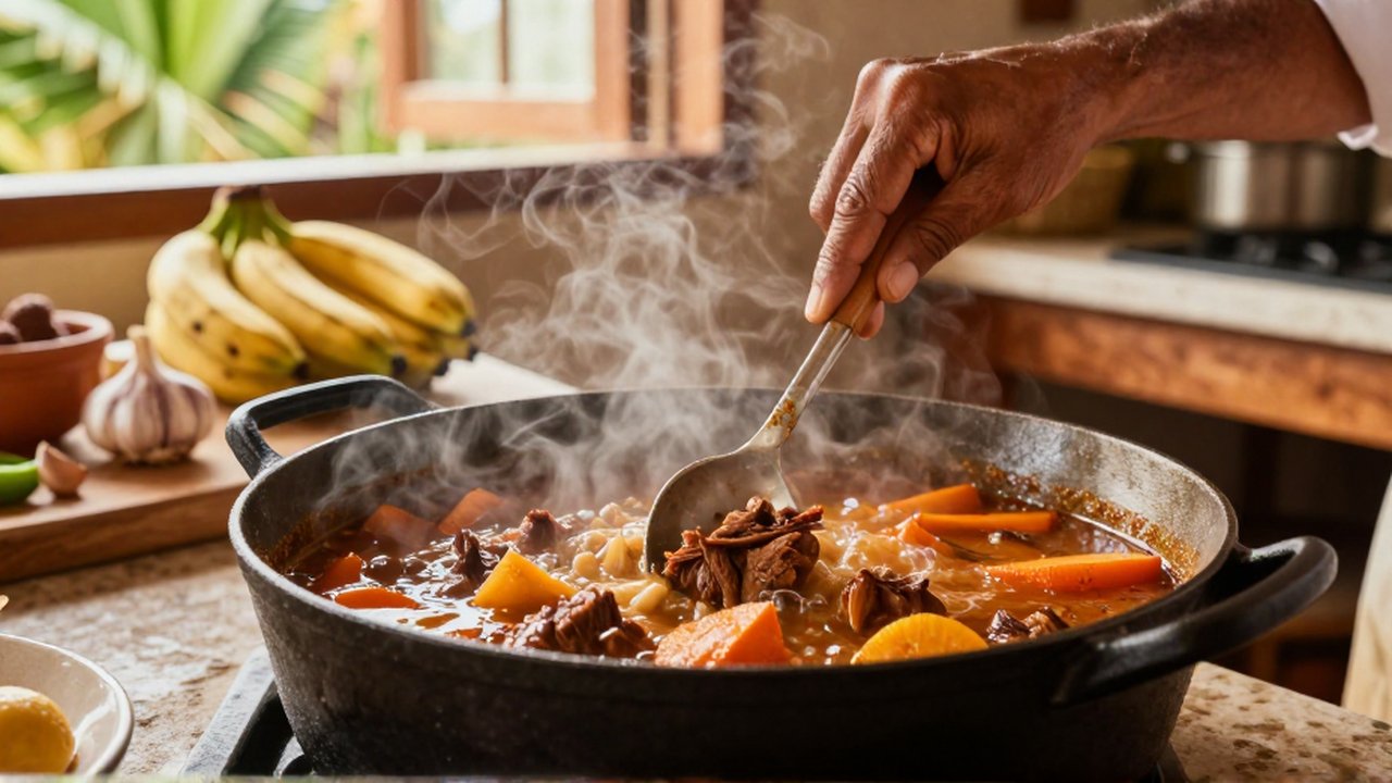 A cook stirs a simmering meat and vegetable stew in a heavy cast iron pot.