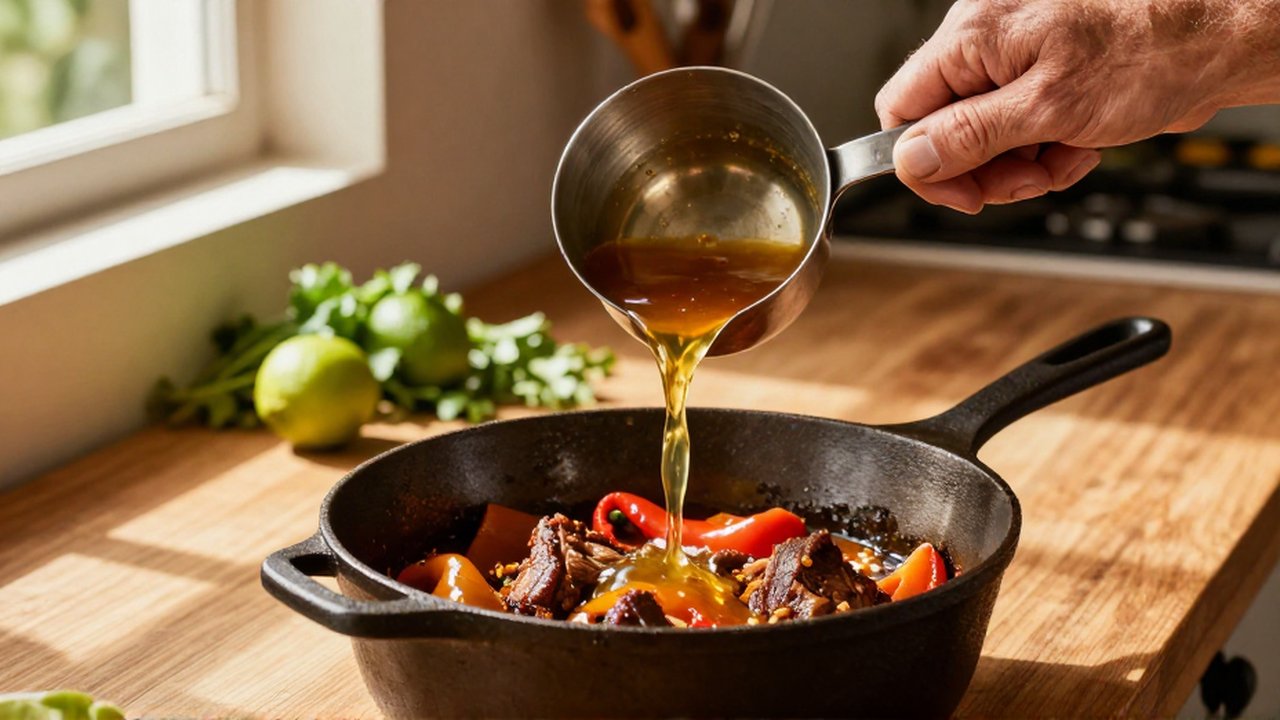 Weathered hands pour golden sauce from a metal measuring cup into a pot of meat and peppers.