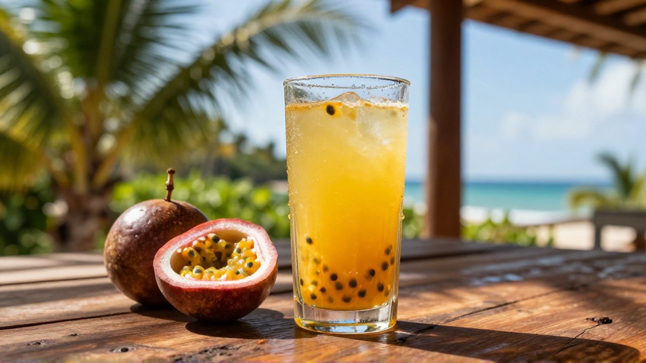 A chilled glass of pulpy passion fruit juice sits beside a halved fruit on a wooden table against a tropical backdrop.