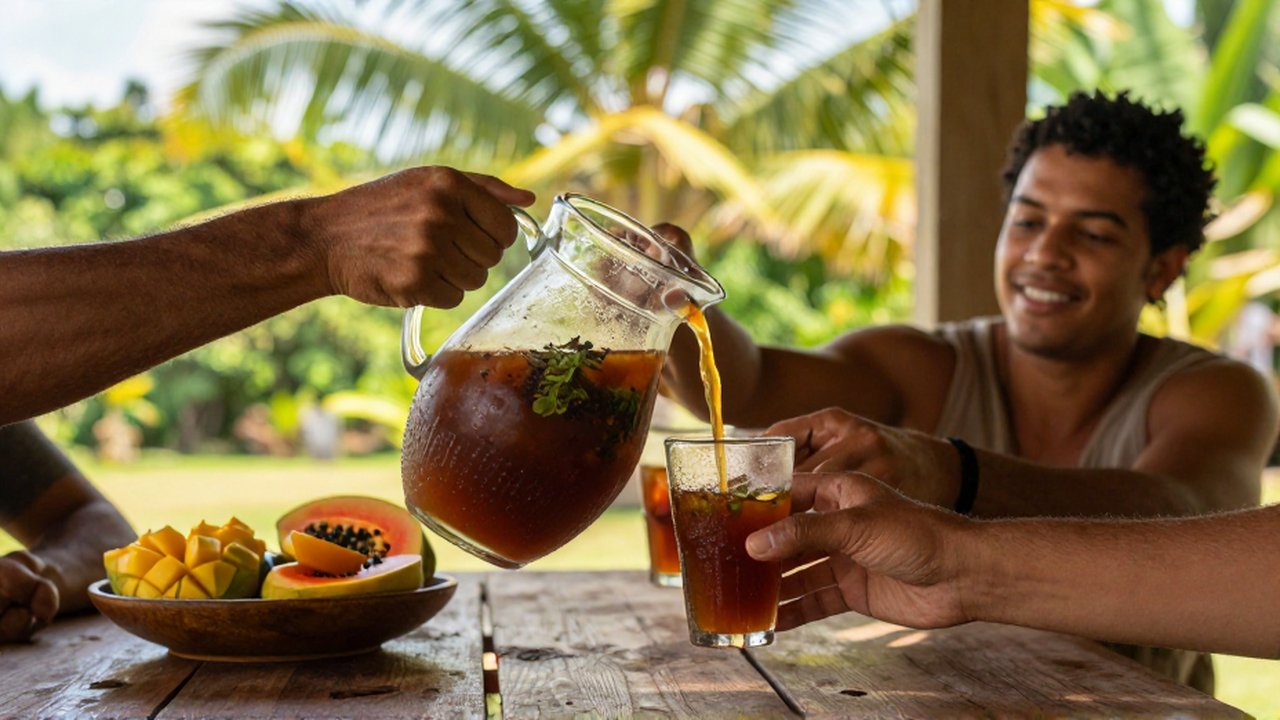 Three friends pour Mamajuana from a large pitcher into small glasses on a sun-drenched veranda.
