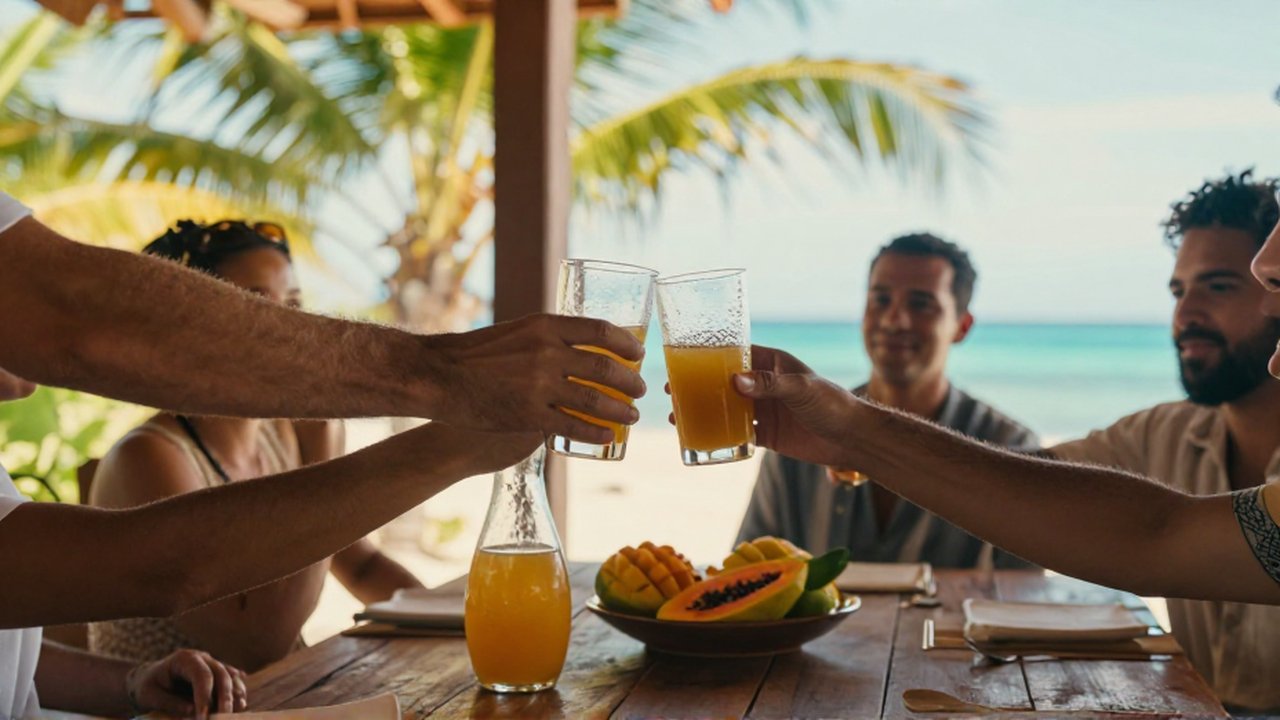 A person toasts friends with a chilled glass of Mamajuana on a sun-drenched tropical terrace.