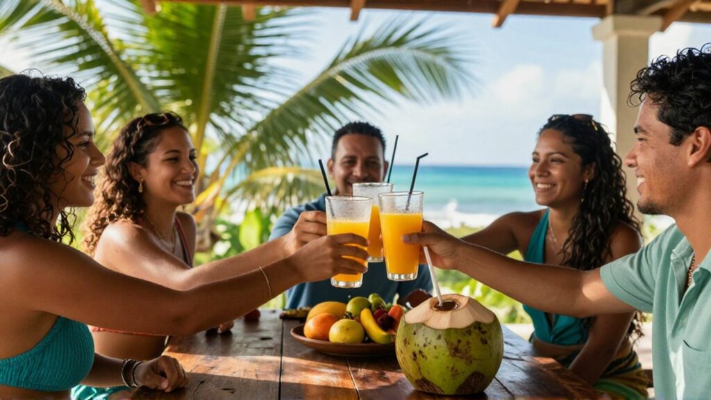 Smiling friends toast with fruit juices and coconut water on a sun-drenched tropical veranda.