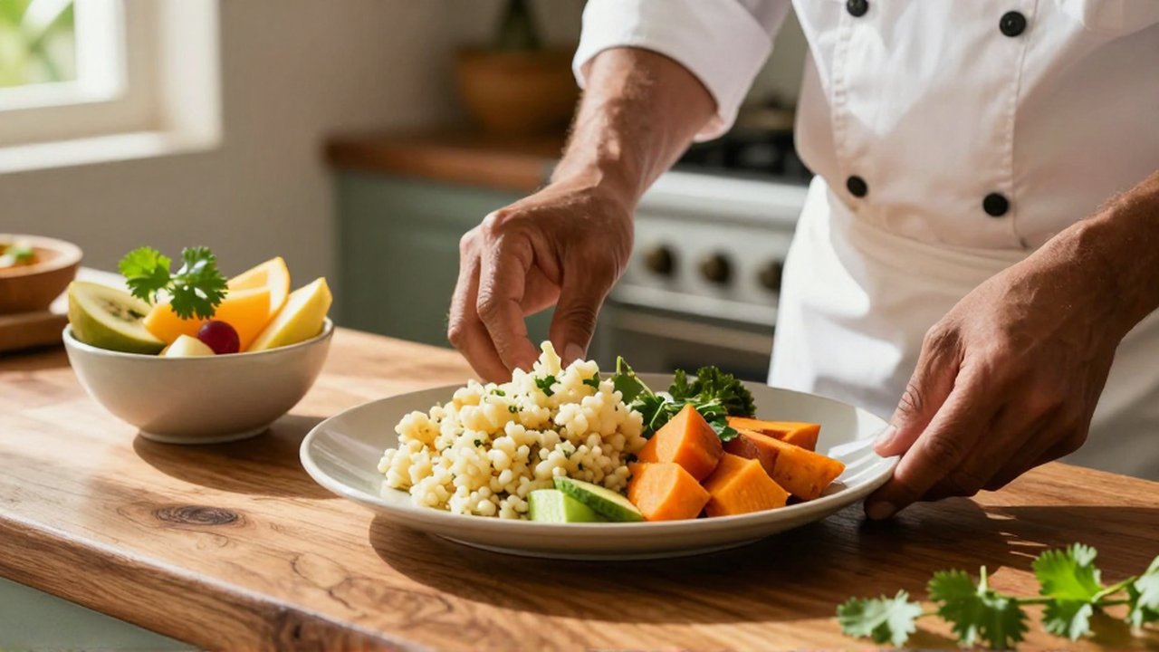 A chef's hands arrange a healthy meal of mashed cauliflower and tropical fruit on a wooden counter.
