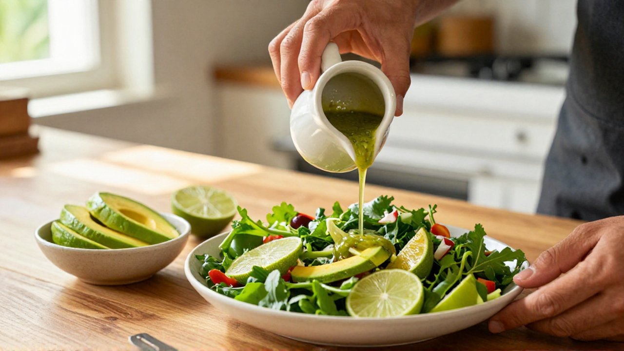 A chef's hands drizzle cilantro-lime vinaigrette over a fresh salad on a wooden countertop.