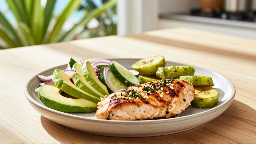 Grilled chicken breast with boiled green plantains and a fresh avocado salad on a ceramic plate.