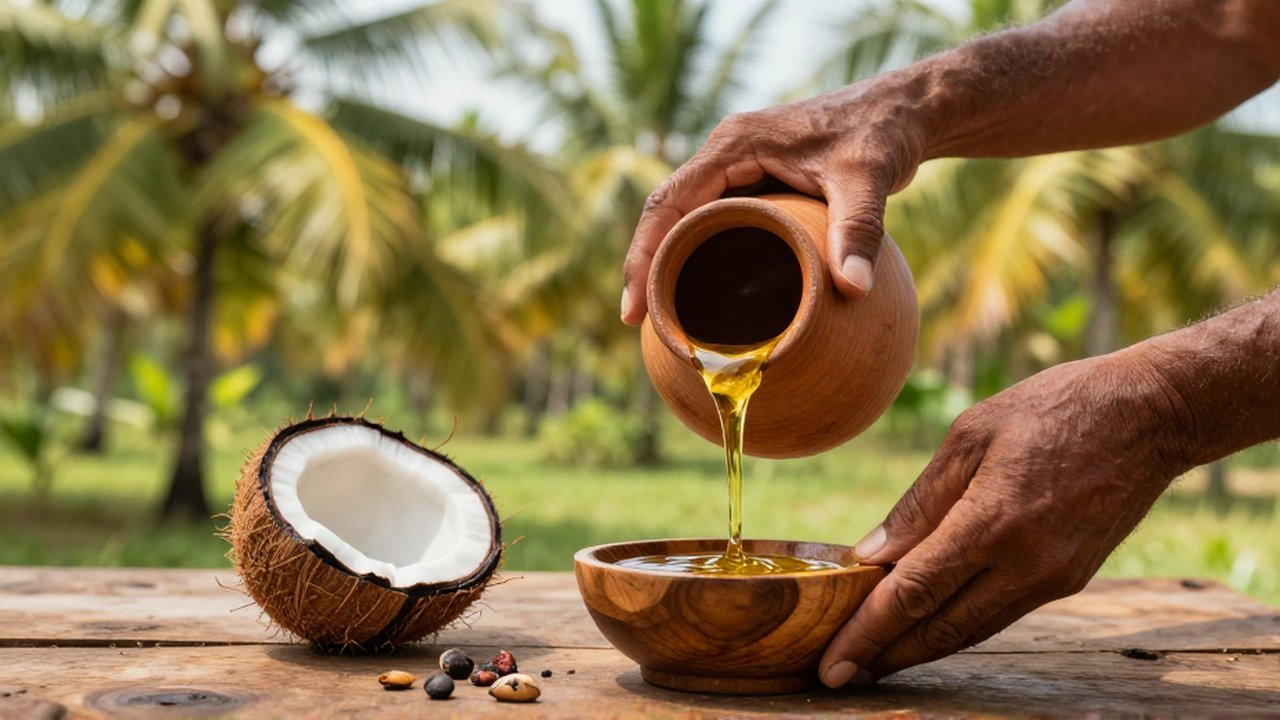 Weathered hands pour golden coconut oil from a clay jar into a wooden bowl on a tropical plantation.