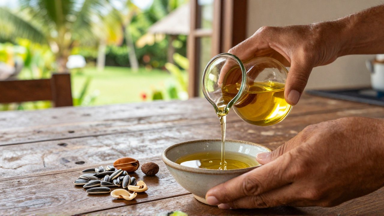 Hands pour golden seed oil from a glass carafe into a ceramic bowl on a wooden table.
