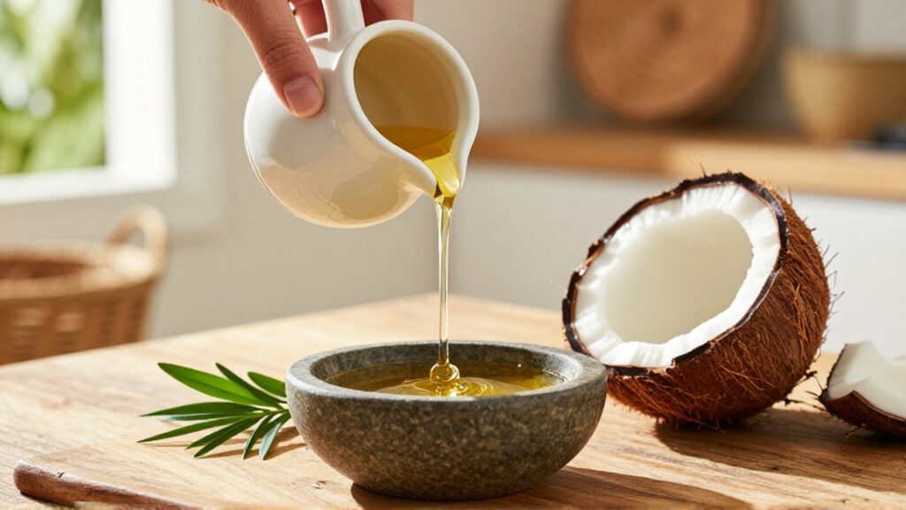 A hand pours golden coconut oil from a ceramic pitcher into a stone bowl next to a fresh coconut.