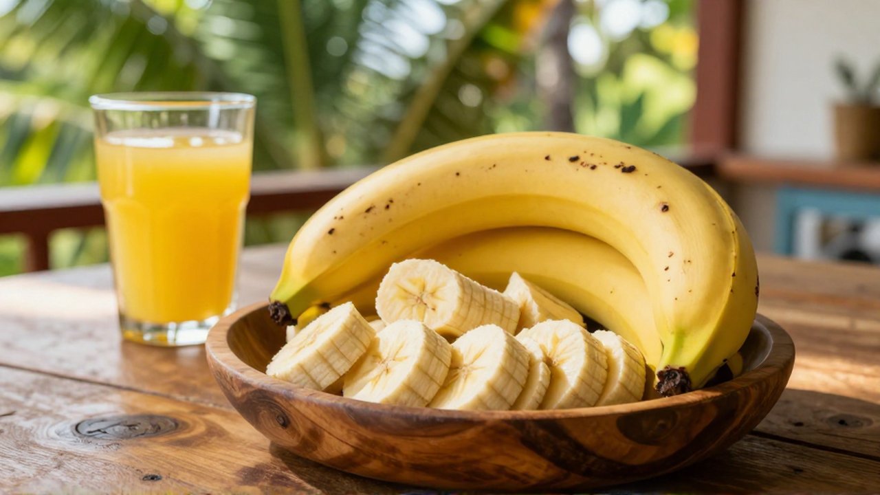 Sliced tropical bananas in a wooden bowl sit on a table next to fresh fruit juice.