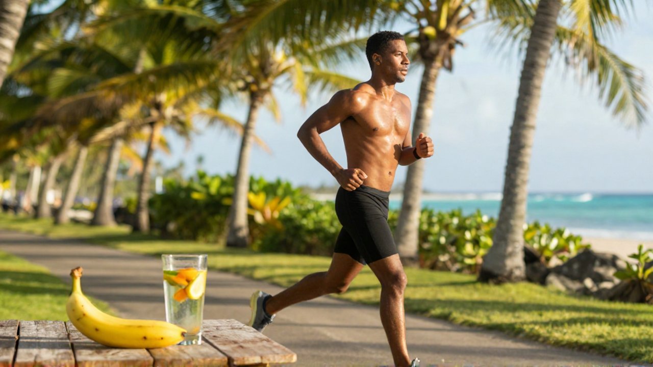 A fit athlete runs along a tropical coastal path near a table with fruit.