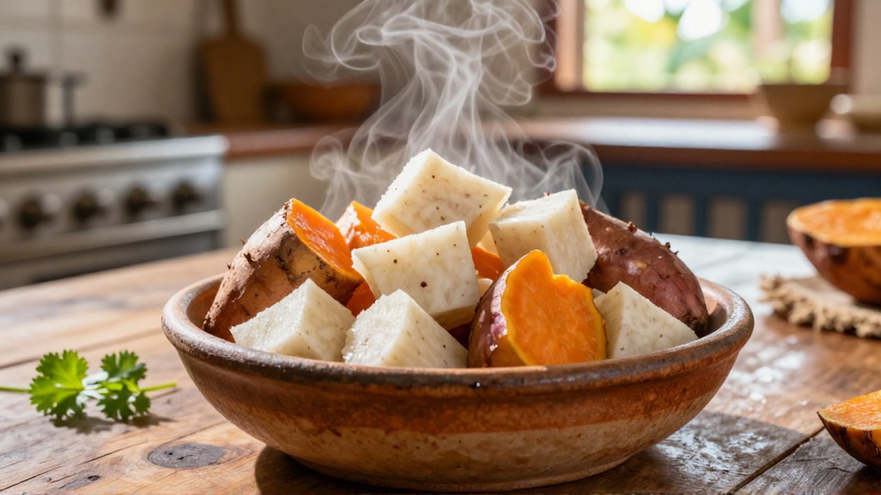 Steaming chunks of yuca and sweet potato sit in a ceramic bowl on a wooden table.