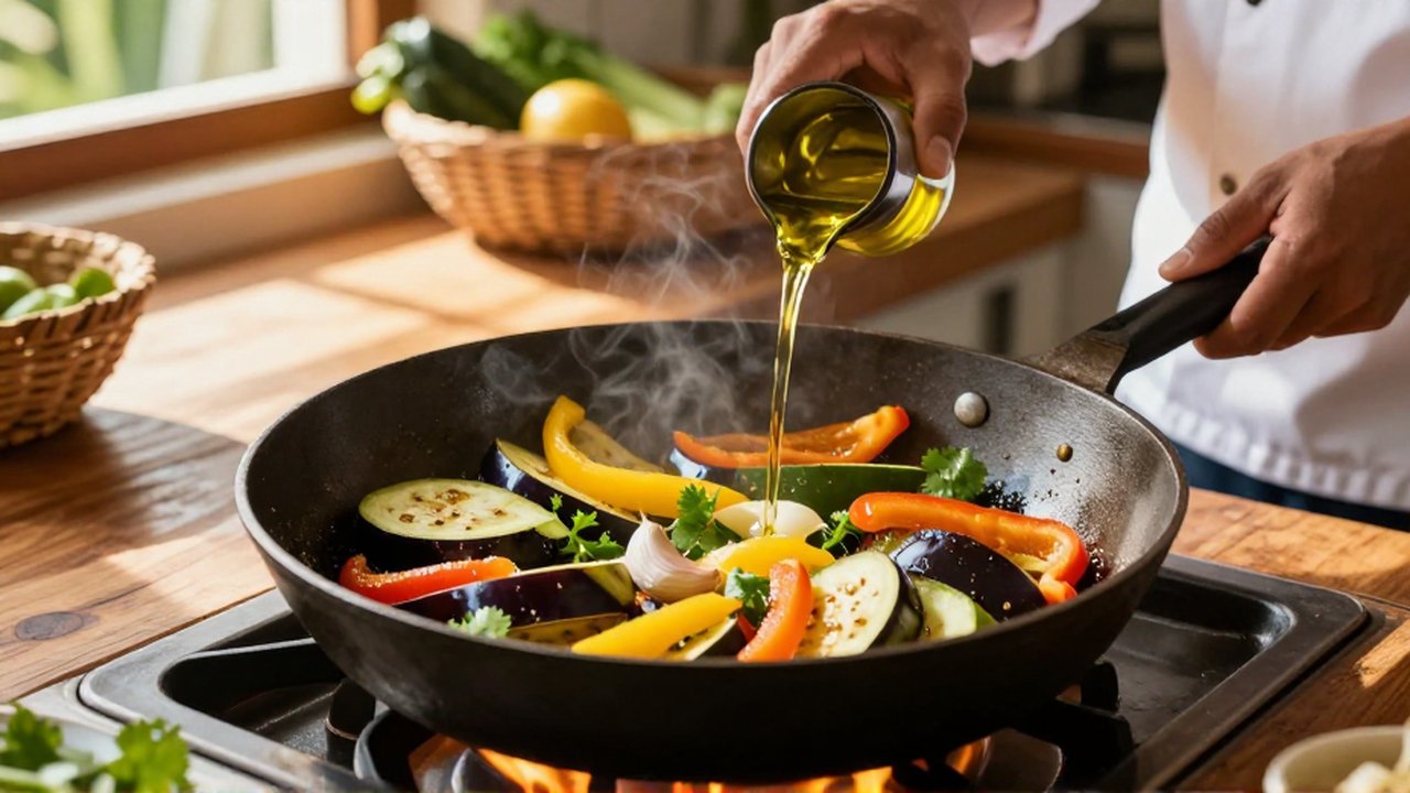 Slices of eggplant, bell peppers, and chayote sauté in a cast-iron pan in a sunlit kitchen.