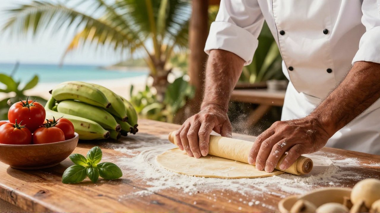 A chef's hands roll fresh pasta dough on a wooden table next to tomatoes and plantains.