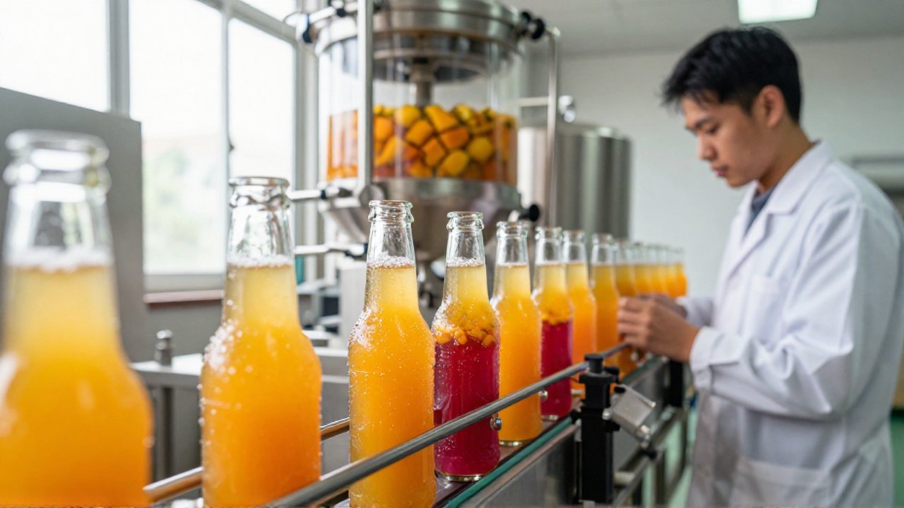 A food technologist monitors effervescent tropical fruit sodas moving along a modern industrial production line.