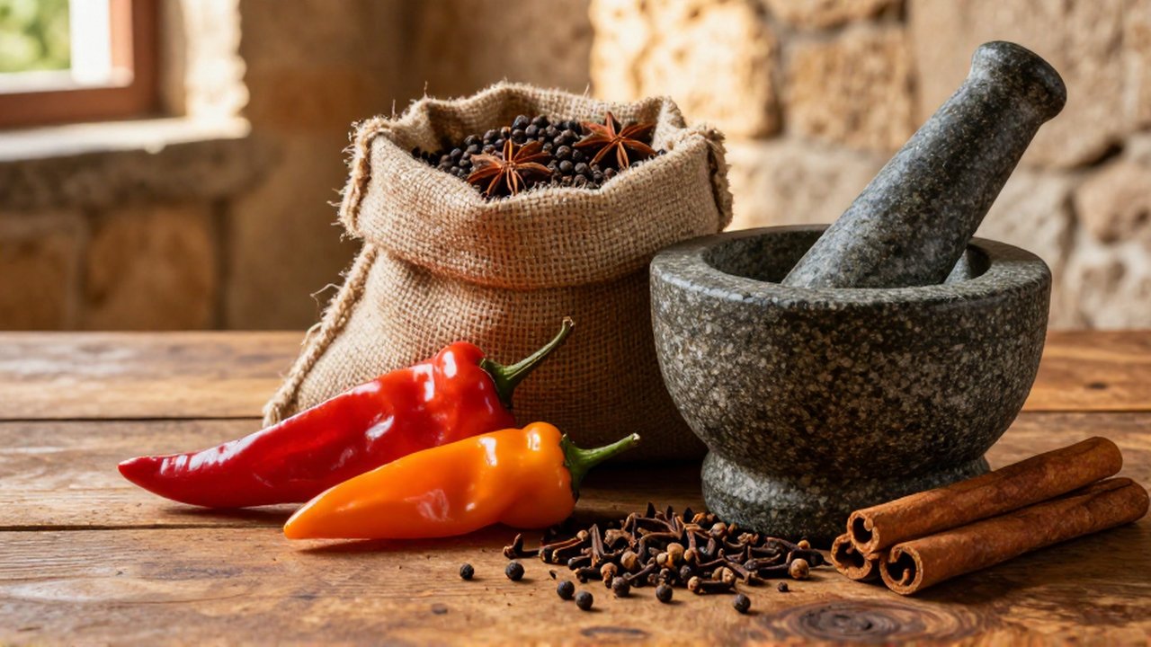 A stone mortar and pestle crush cloves and cinnamon beside vibrant habanero peppers on a wooden table.