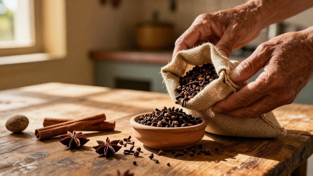 Aged hands pour dried cloves and peppercorns from a burlap sack into a terracotta bowl.