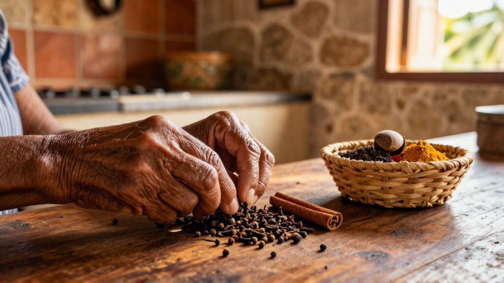 Weathered hands carefully sort dried cloves