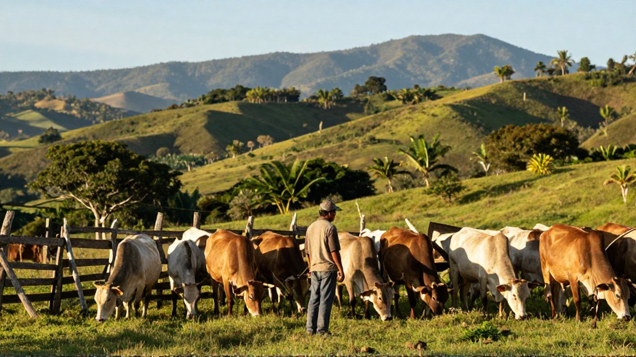 A weathered farmer in rustic clothing watches a herd of cattle grazing in rolling, green hills.