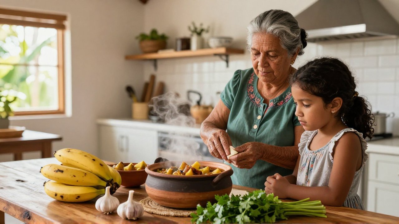 An elderly woman teaches a young girl to prepare food in a sunlit, modern kitchen.