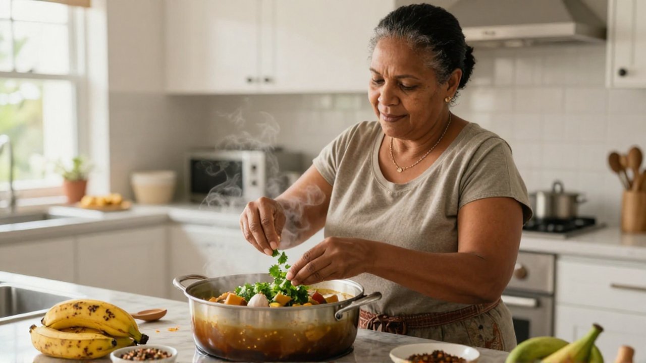 A middle-aged woman seasons a steaming pot of stew in a bright, modern kitchen.