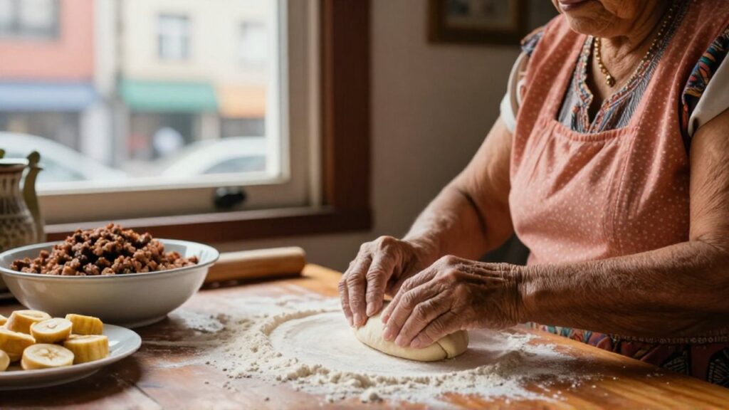 An elderly woman's hands carefully fold dough for pastelitos in a sunlit