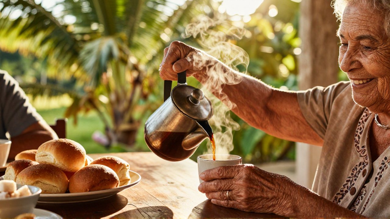 An elderly woman pours steaming dark coffee from a metal percolator into small ceramic cups at a sunlit outdoor table.