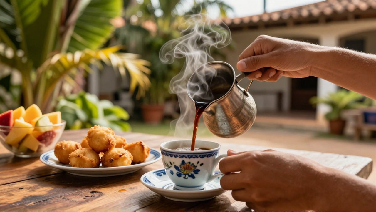 Hands pour steaming coffee from a metal pot into a porcelain cup near fried bread and fruit.