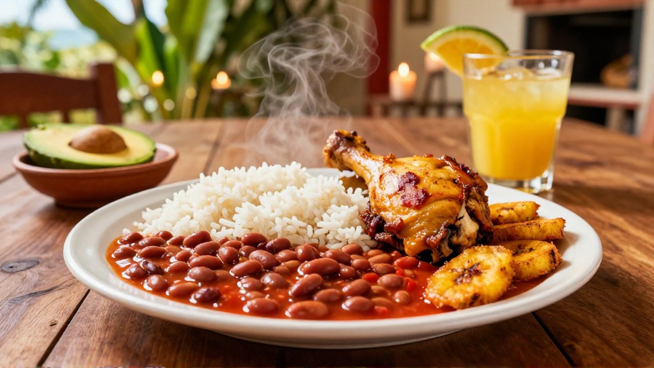 A plate of white rice, red beans, braised chicken, and fried plantains on a wooden table.