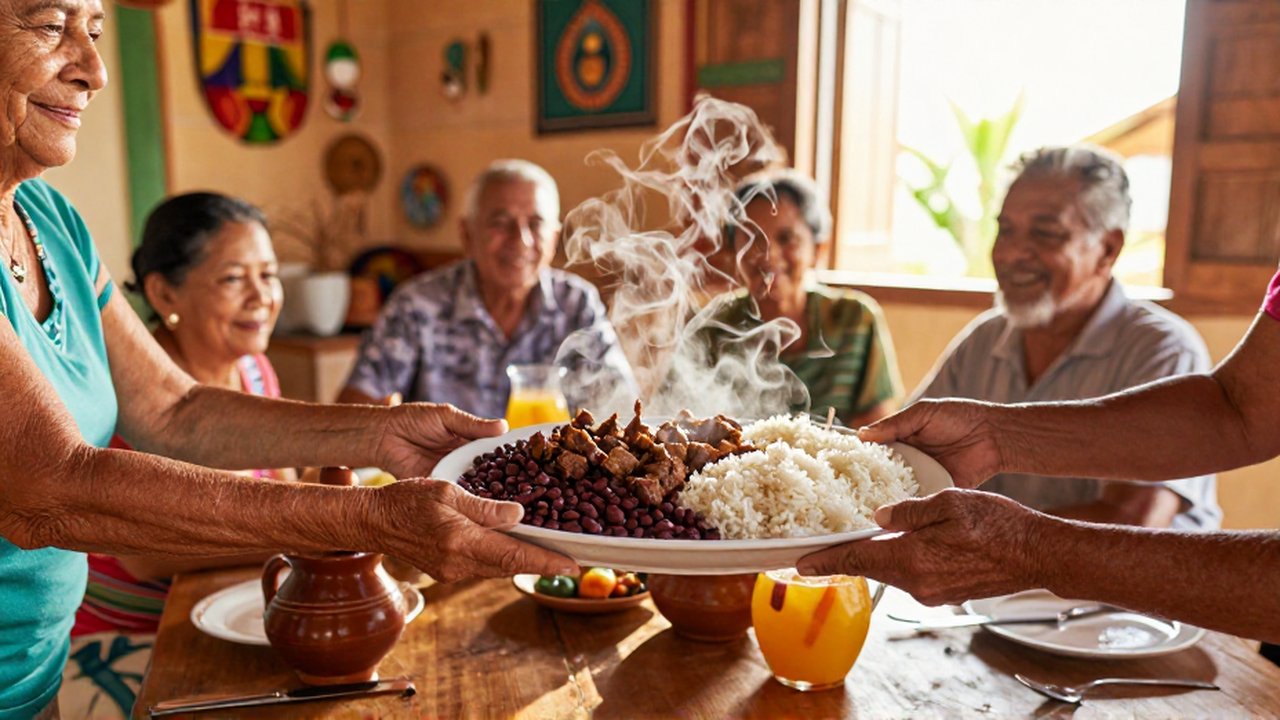 An elderly woman passes a platter of rice, beans, and meat to a family member during a sunny holiday meal.