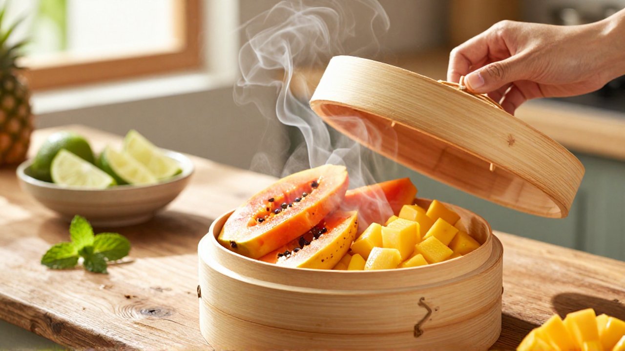Steaming slices of papaya, mango, and pineapple are revealed inside a bamboo steamer on a wooden counter.
