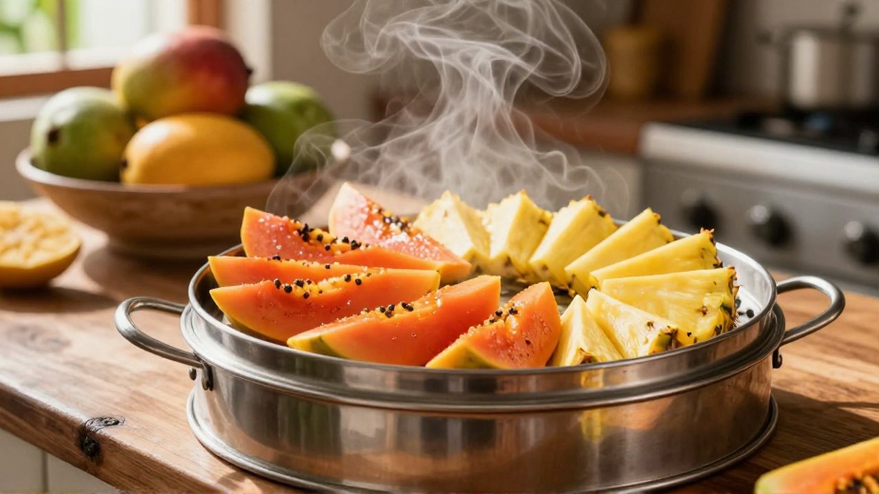Steam rises from sliced papaya and pineapple being cooked in a stainless steel steamer basket.