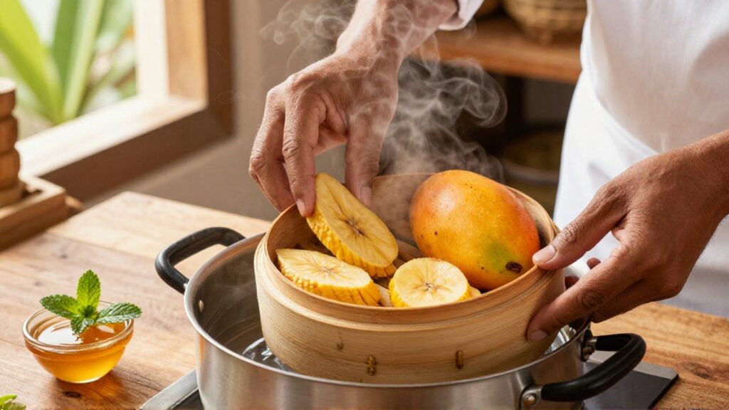 A chef's hands place sliced plantain and mango into a steaming bamboo basket on a wooden countertop.