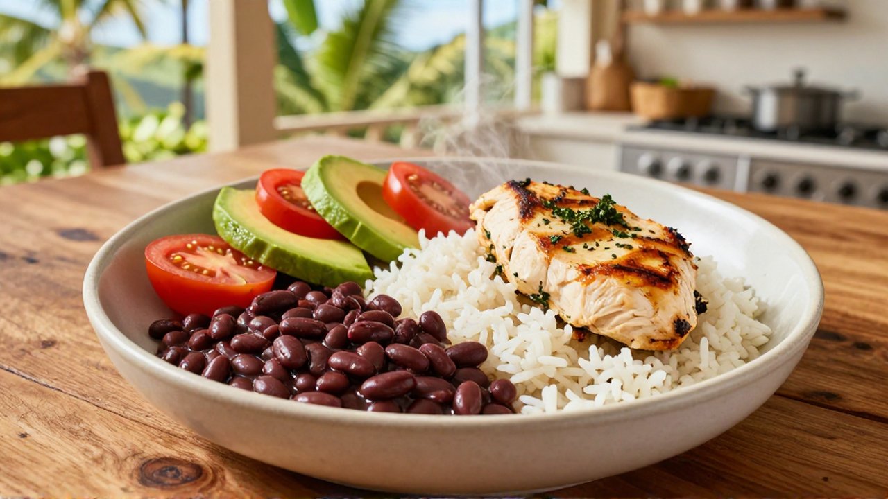 Top-down view of a bowl with white rice, red beans, and grilled chicken, served with avocado and tomato.