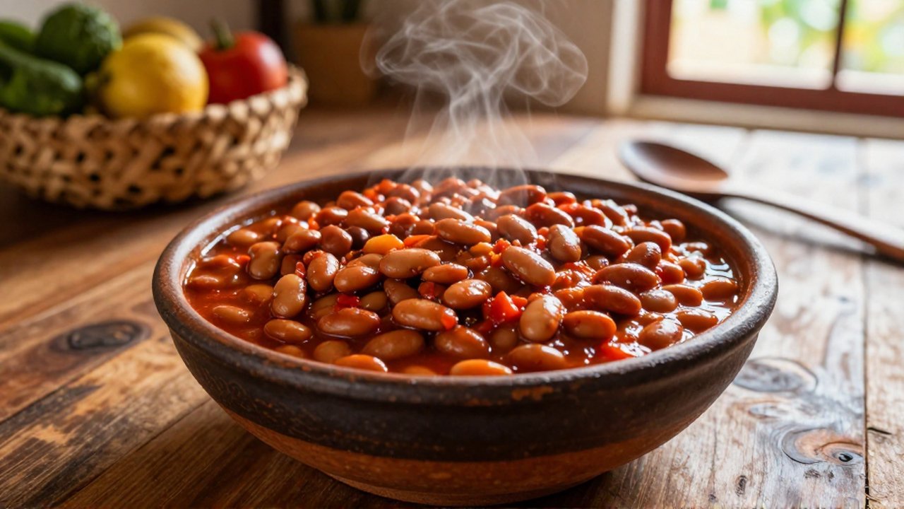 Steaming red kidney beans in a thick tomato sauce sit in a ceramic bowl on a wooden table.