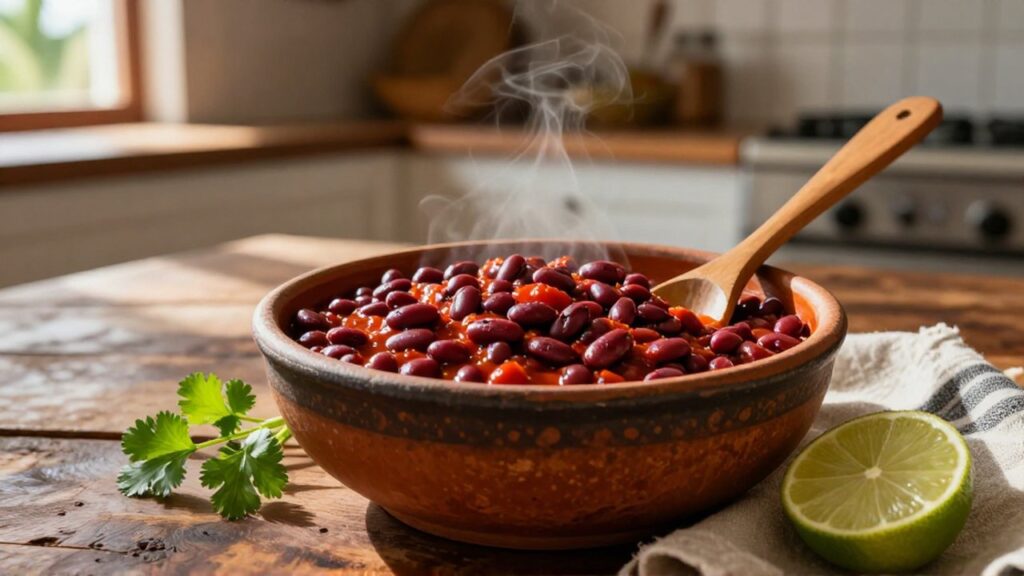 A rustic ceramic bowl of red kidney beans in tomato sauce sits on a wooden table.