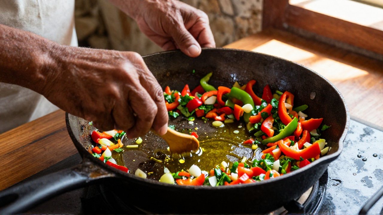 Close-up of a cook sautéing colorful bell peppers, onions, and garlic in a cast iron skillet.