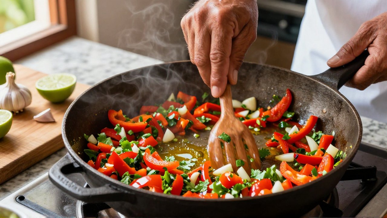A chef stirs a colorful sauté of diced vegetables in a cast-iron pan on a marble countertop.