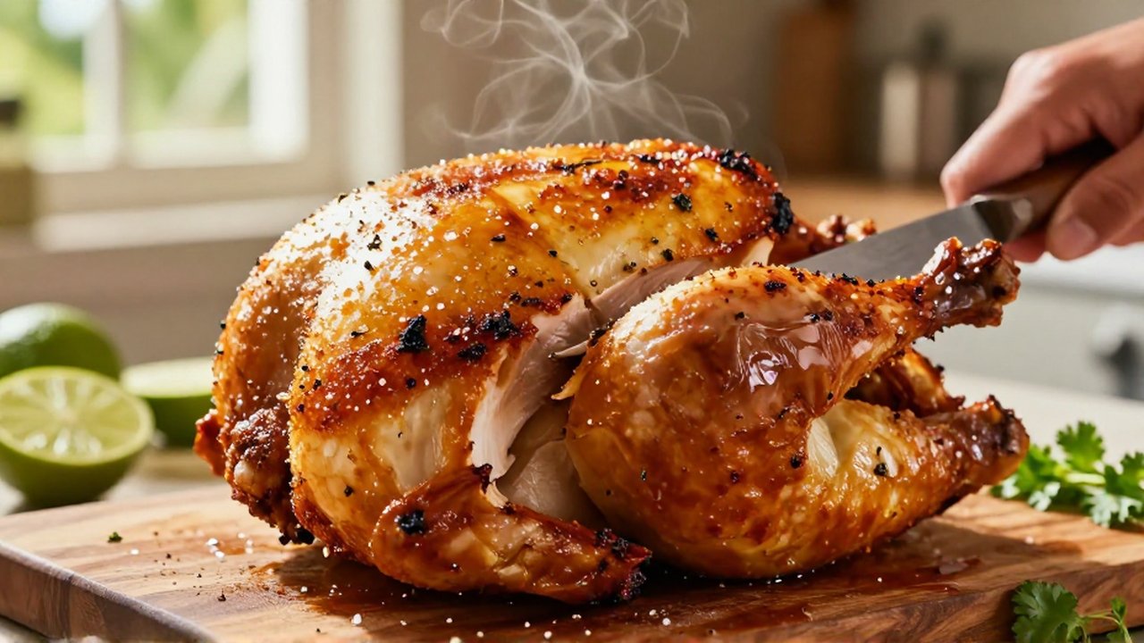 A chef slices through a crispy, golden-brown roasted chicken to reveal steaming white meat.
