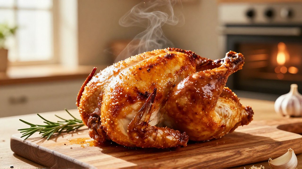 A whole golden-brown roasted chicken rests on a wooden board with rosemary and garlic.